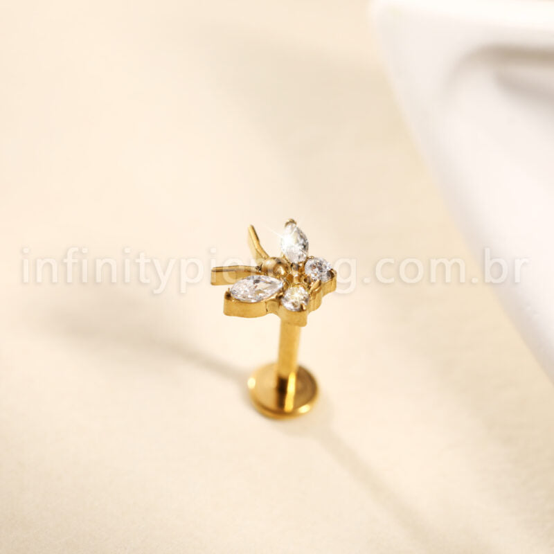Piercing Labret Aço Cirúrgico Borboleta Zircônia