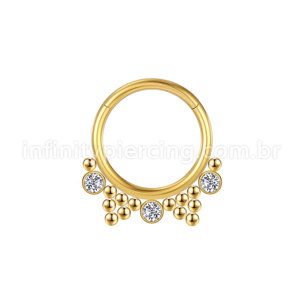 Piercing Argola Segmento Articulado Aço Cirúrgico 3 Pedras Zircônia