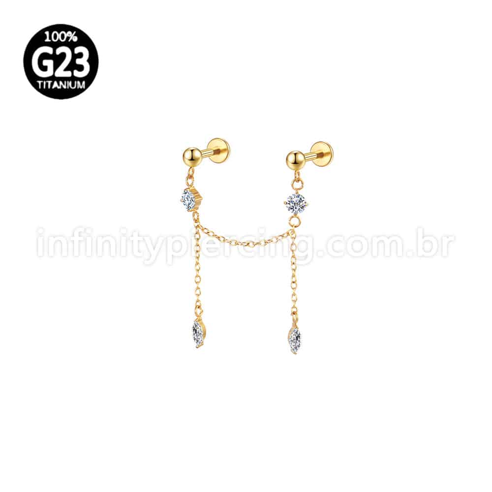 Piercing Labret Duplo Titânio Corrente/Pingente Zircônia