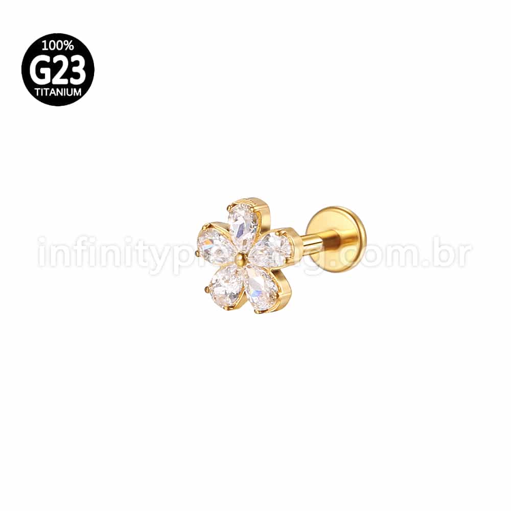Piercing Labret Titânio Flor 5 Pétalas Zircônia