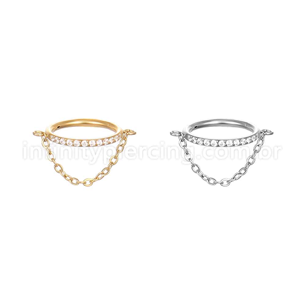 Piercing Argola Aço Cirúrgico Segmento Articulado Zircônia Com Corrente