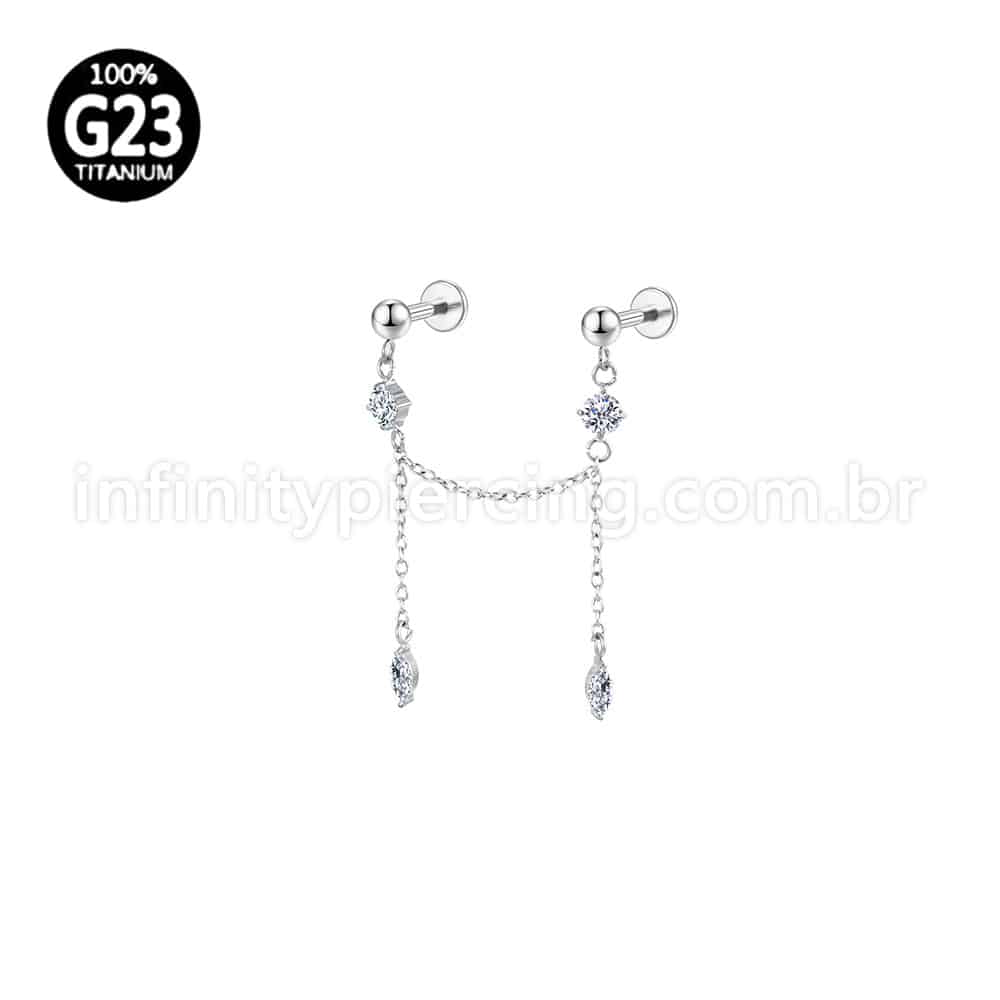 Piercing Labret Duplo Titânio Corrente/Pingente Zircônia