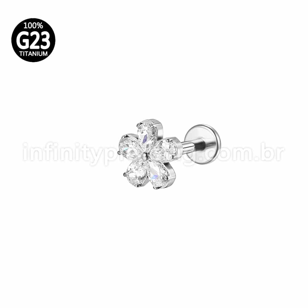 Piercing Labret Titânio Flor 5 Pétalas Zircônia