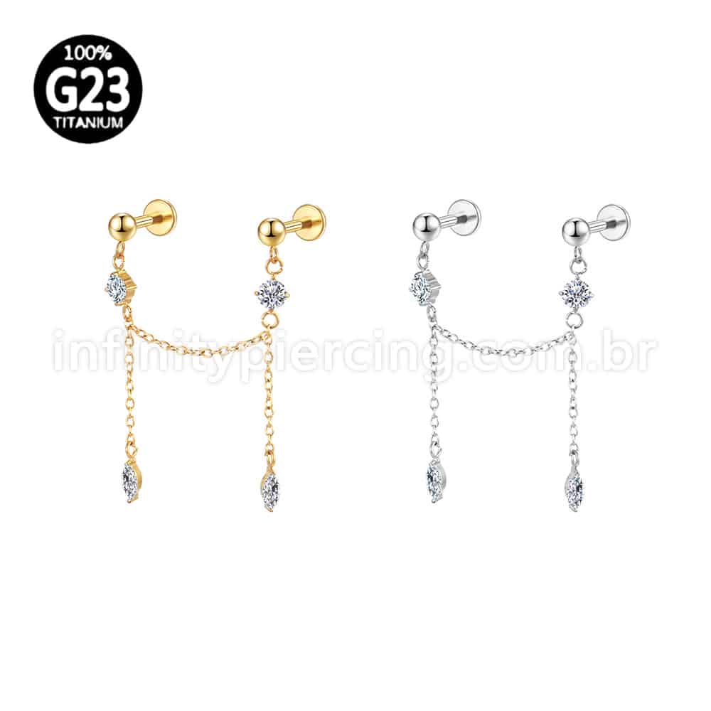 Piercing Labret Duplo Titânio Corrente/Pingente Zircônia