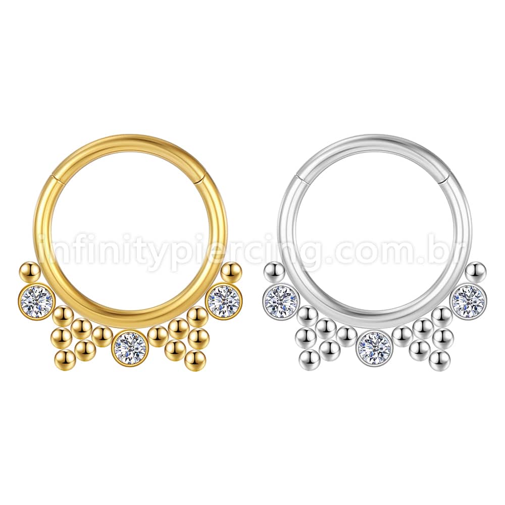 Piercing Argola Segmento Articulado Aço Cirúrgico 3 Pedras Zircônia