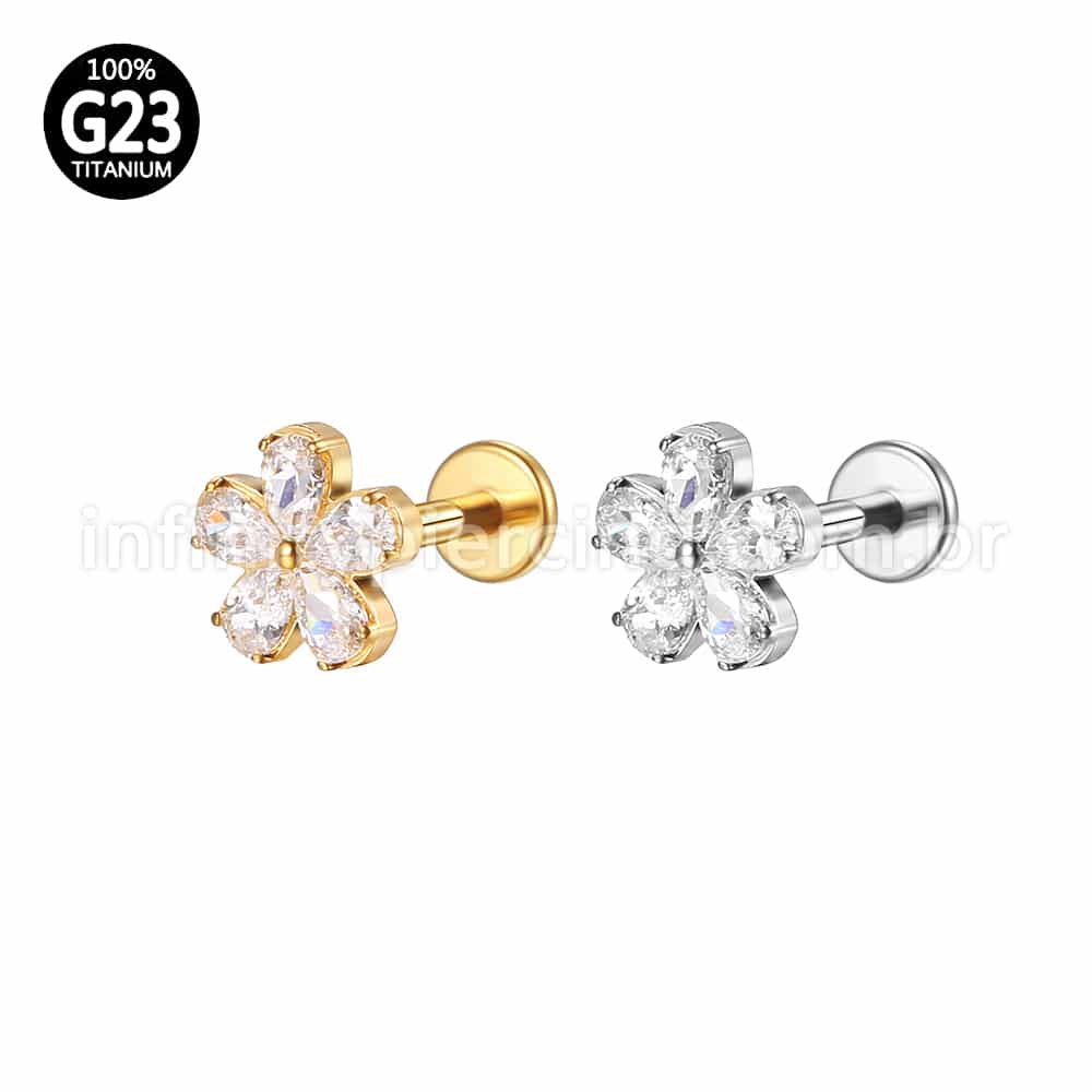 Piercing Labret Titânio Flor 5 Pétalas Zircônia
