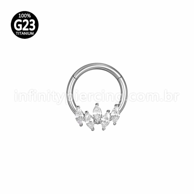 Piercing Argola Titânio Segmento Articulado 5 Pedras Zircônia Cravejada
