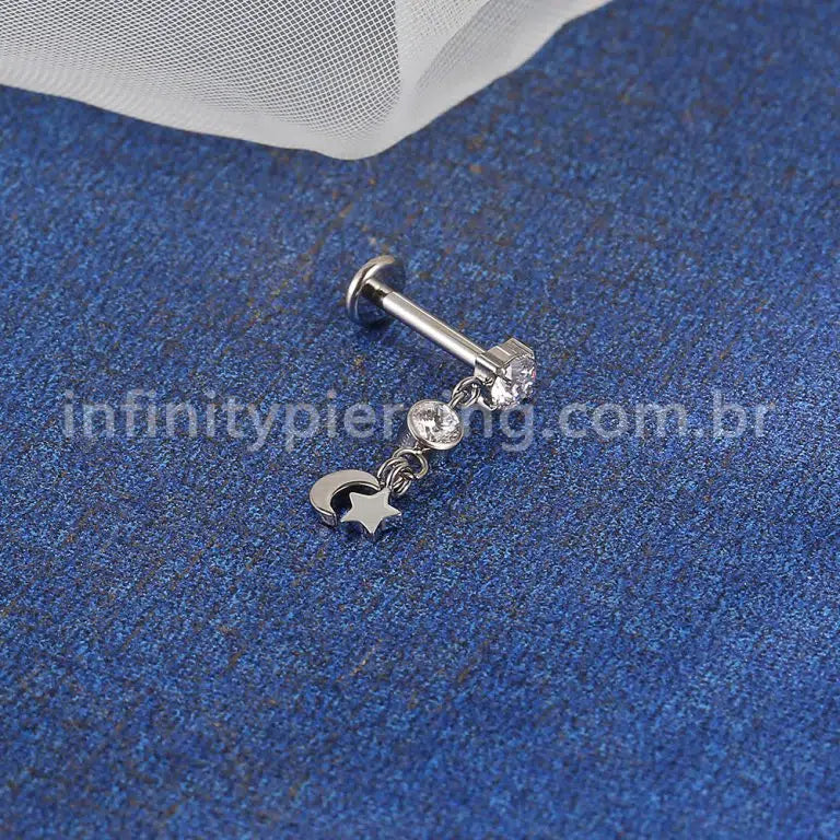 Piercing Labret Titânio Zircônia Cravejada Pingente Estrela/Lua