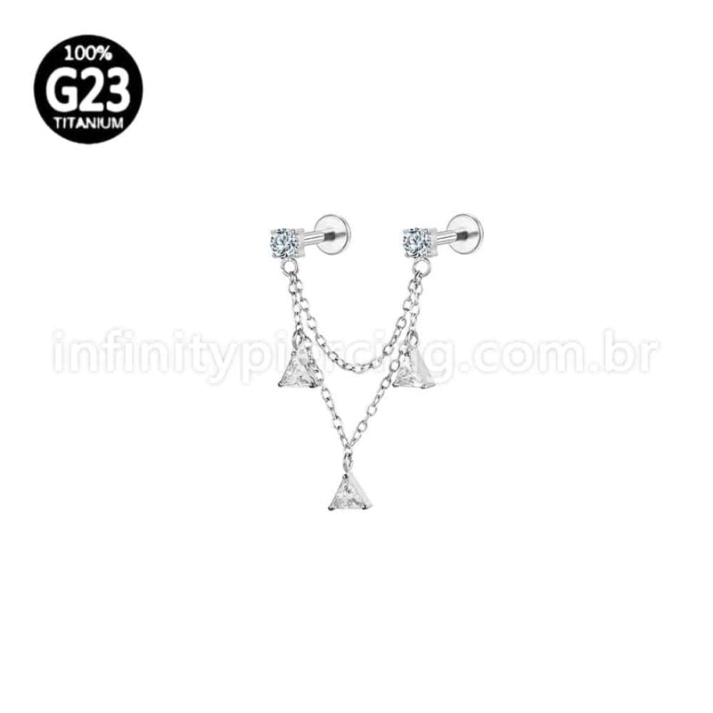 Piercing Labret Duplo Titânio Corrente/Pingente Zircônia
