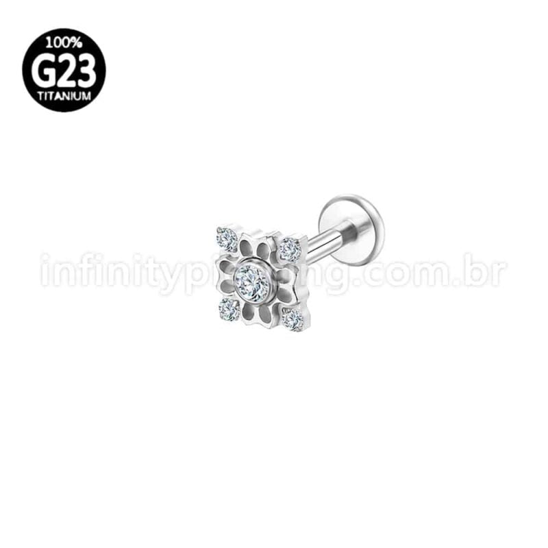 Piercing Labret Titânio Quadrada 5 Zircônias