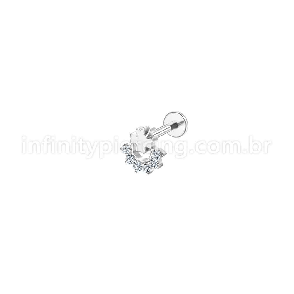 Piercing Labret Aço Cirúrgico Trevo Com Zircônia Cravejada