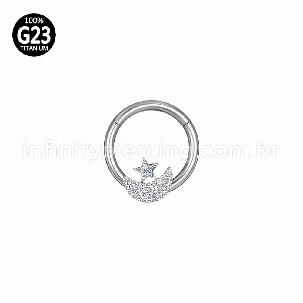 Piercing Argola Titânio Segmento Articulado Lua/Estrela Zircônia Cravejada