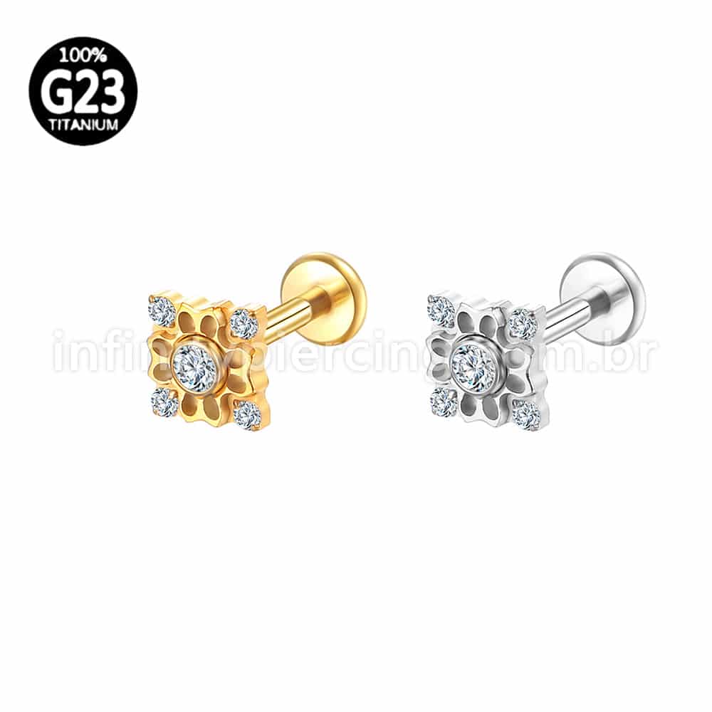 Piercing Labret Titânio Quadrada 5 Zircônias