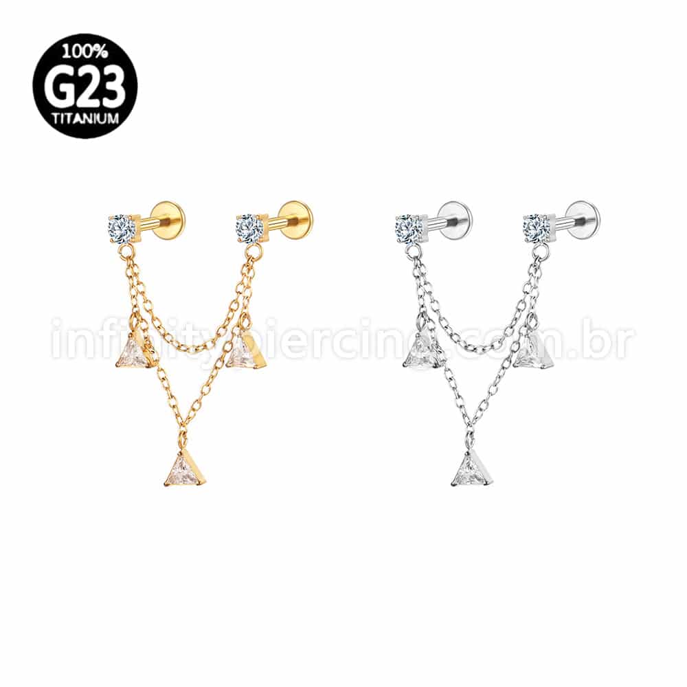 Piercing Labret Duplo Titânio Corrente/Pingente Zircônia