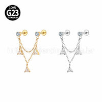 Piercing Labret Duplo Titânio Corrente/Pingente Zircônia