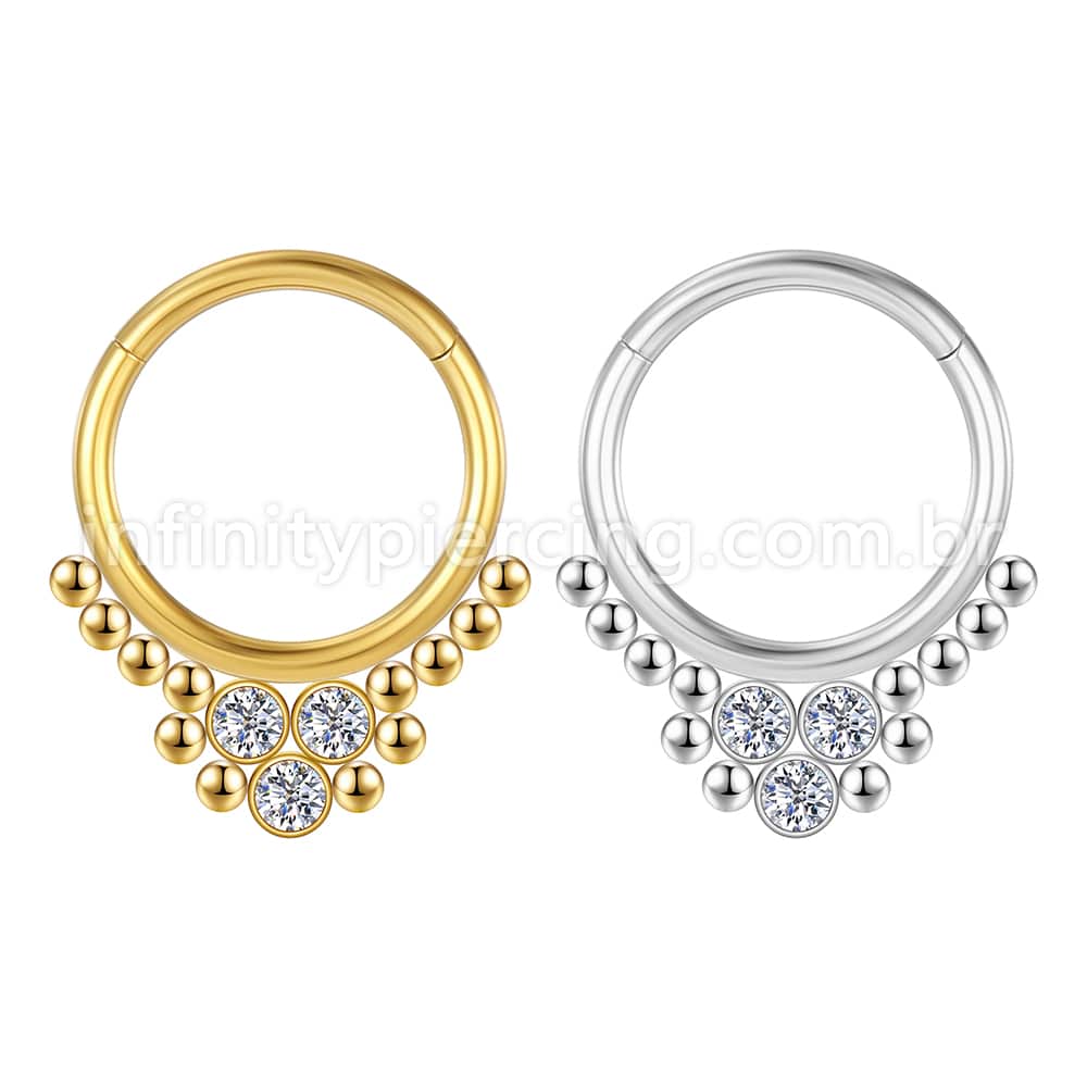 Piercing Argola Aço Cirúrgico Segmento Articulado 3 Pedras Zircônia