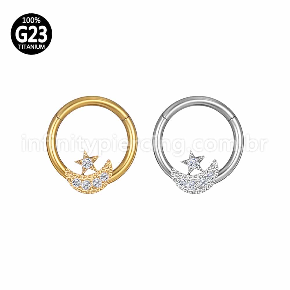 Piercing Argola Titânio Segmento Articulado Lua/Estrela Zircônia Cravejada
