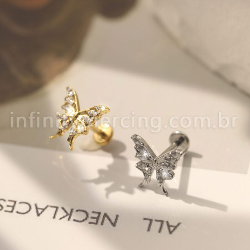 Piercing Labret Aço Cirúrgico Borboleta Zircônia