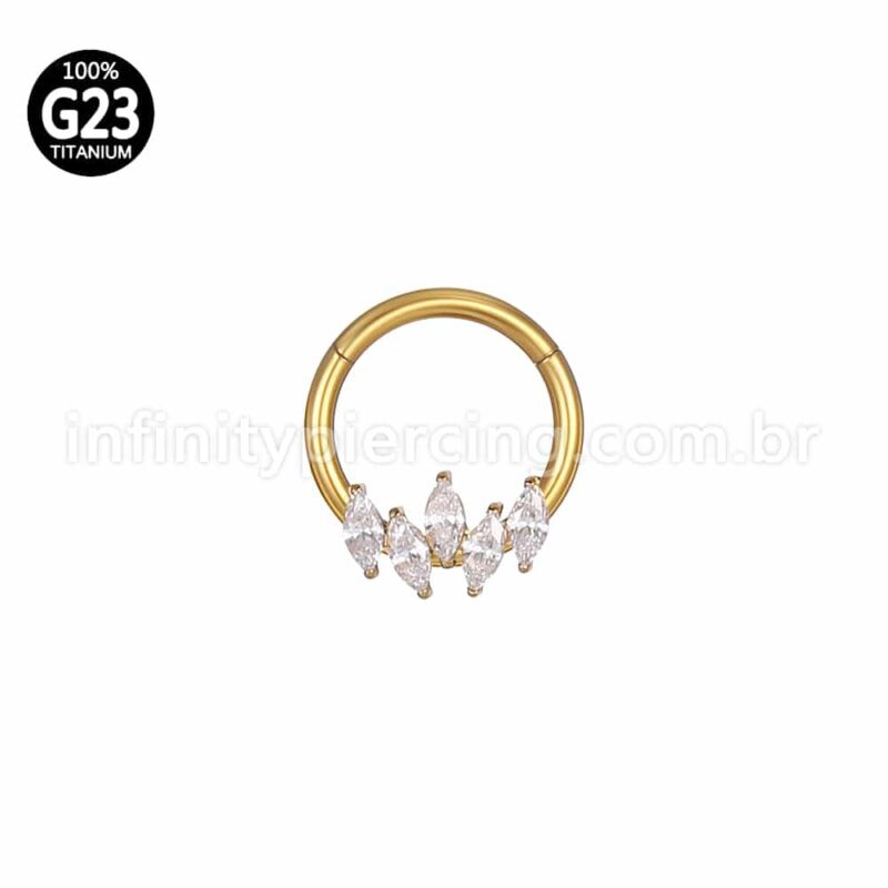 Piercing Argola Titânio Segmento Articulado 5 Pedras Zircônia Cravejada
