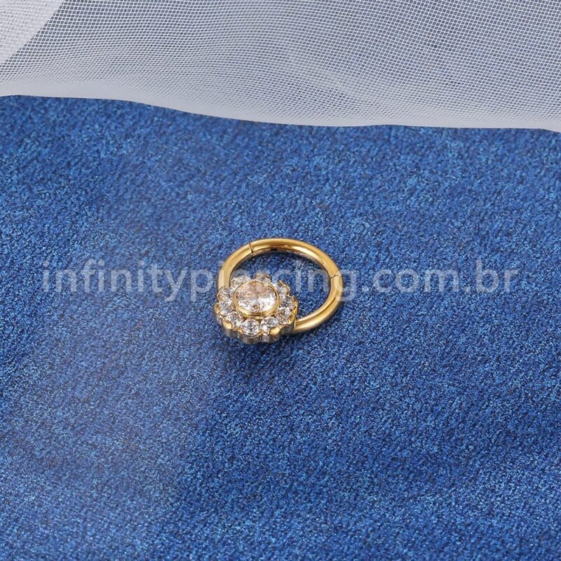 Piercing Argola Aço Cirúrgico Segmento Articulado Flor Zircônia