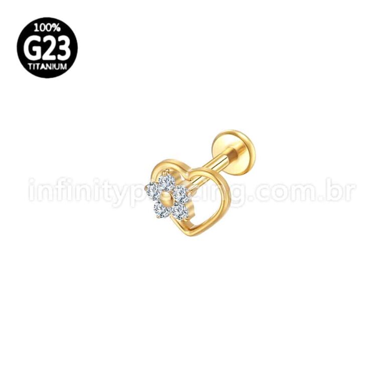 Piercing Labret Titânio Coração Com Flor De Zircônia