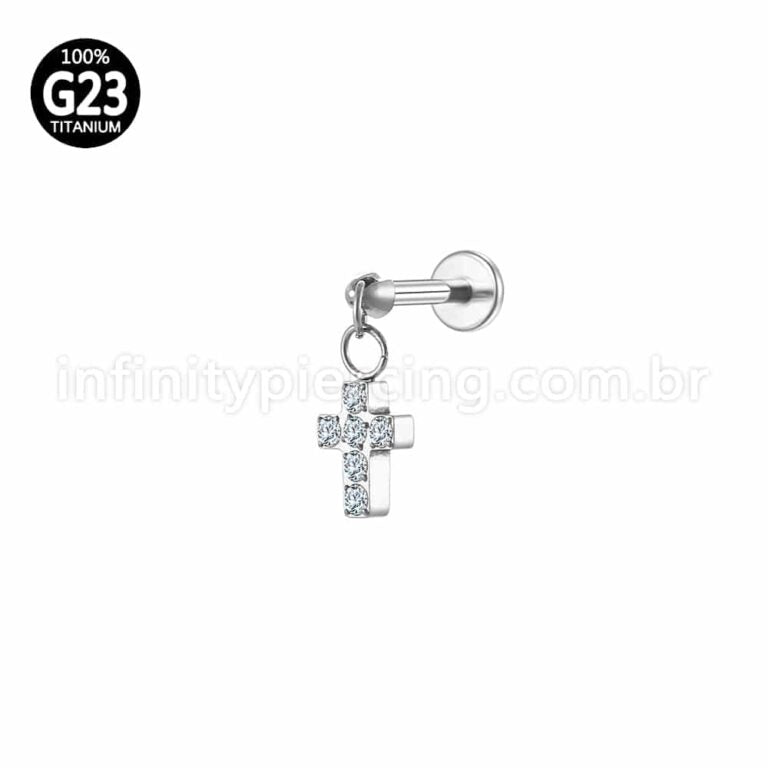 Piercing Labret Titânio Zircônia Pingente Cruz