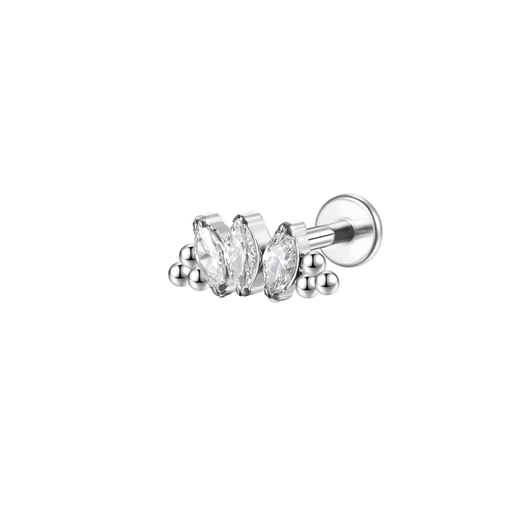 Piercing Labret Aço Cirúrgico 3 Pedras  Zircônia Cravejada