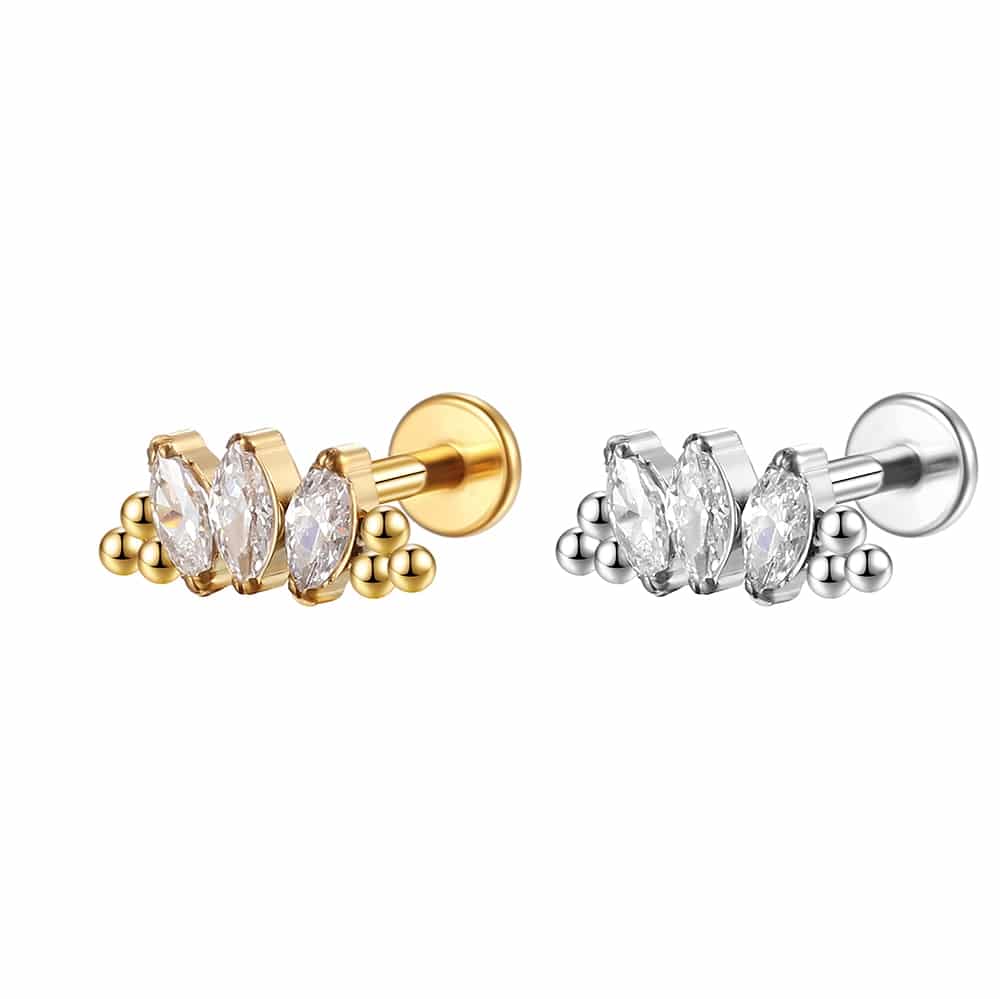 Piercing Labret Aço Cirúrgico 3 Pedras  Zircônia Cravejada