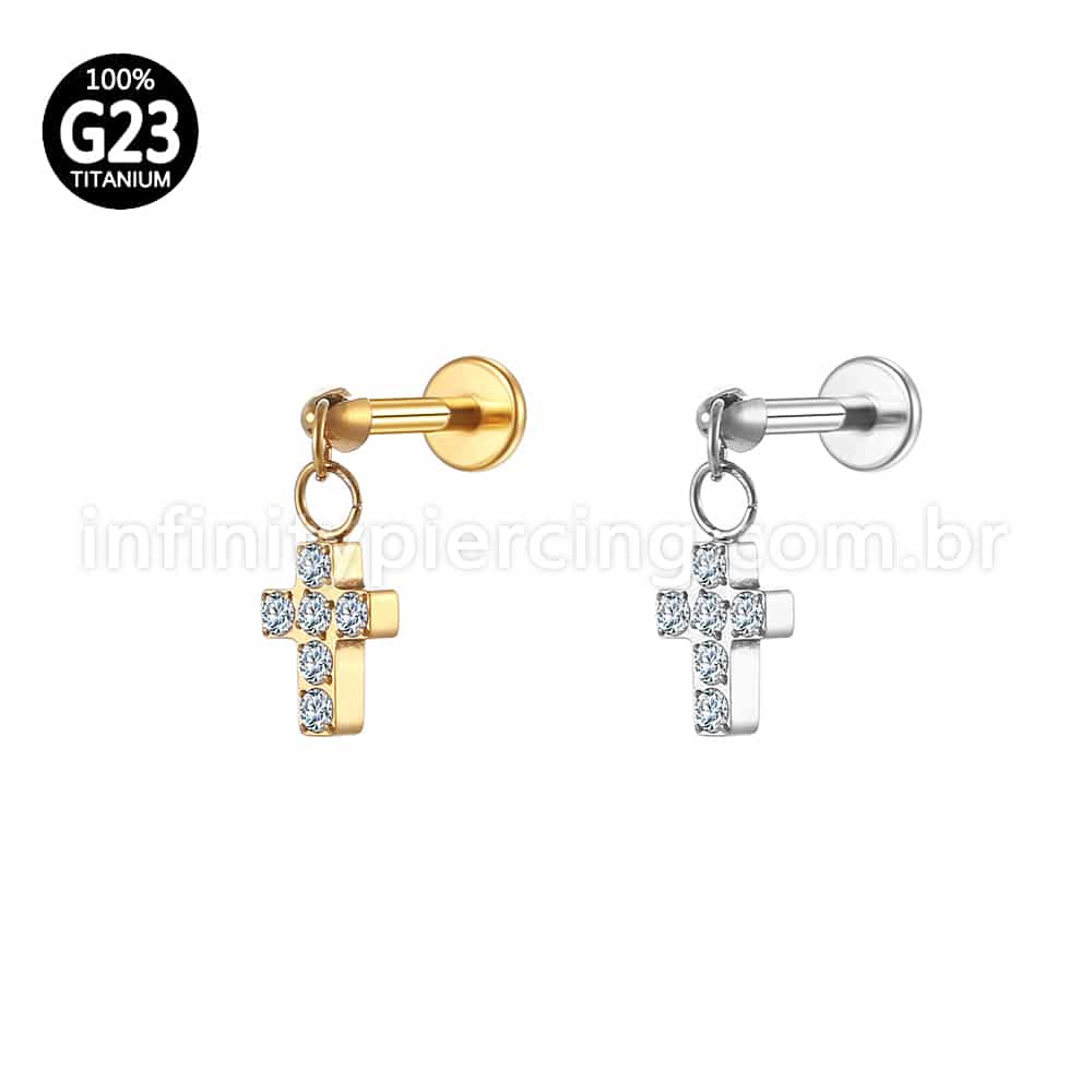 Piercing Labret Titânio Zircônia Pingente Cruz