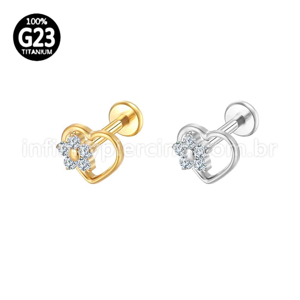 Piercing Labret Titânio Coração Com Flor De Zircônia