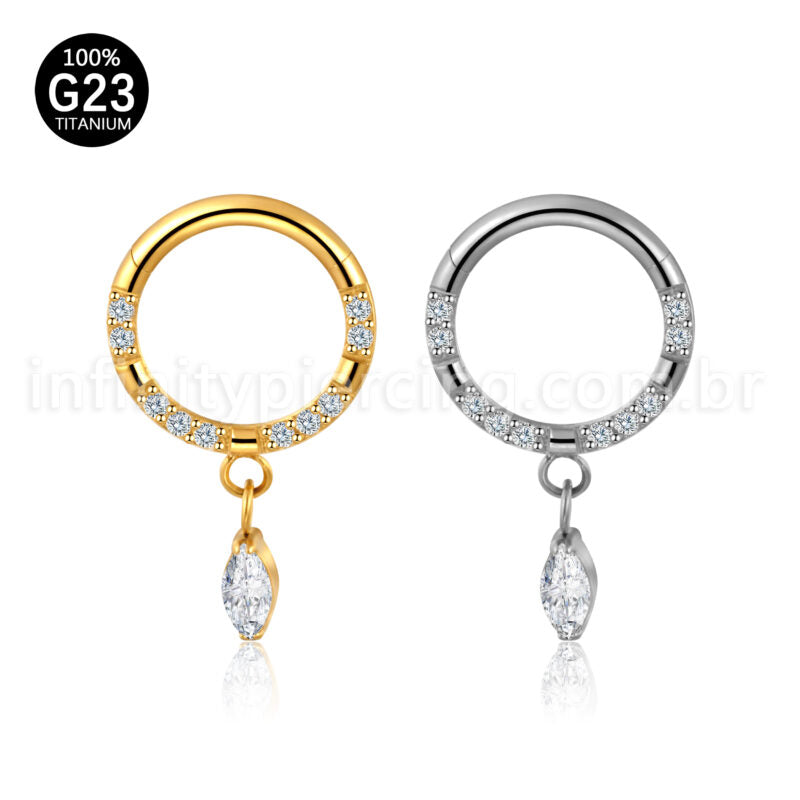 Piercing Argola Titânio Zircônia Frontal Pingente Oval Com Pontas