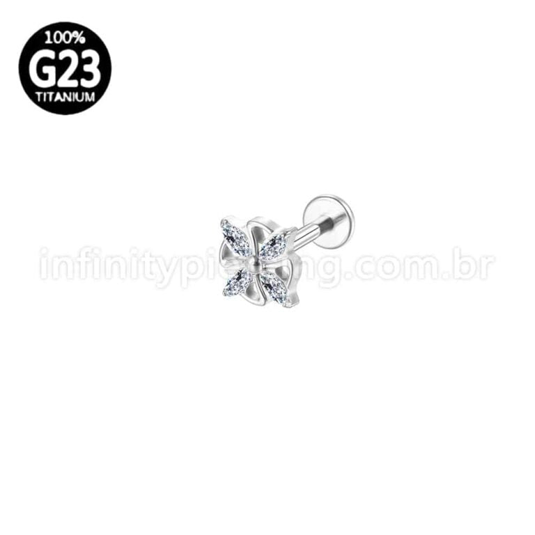 Piercing Labret Titânio Flor 4 Zircônia Cravejada