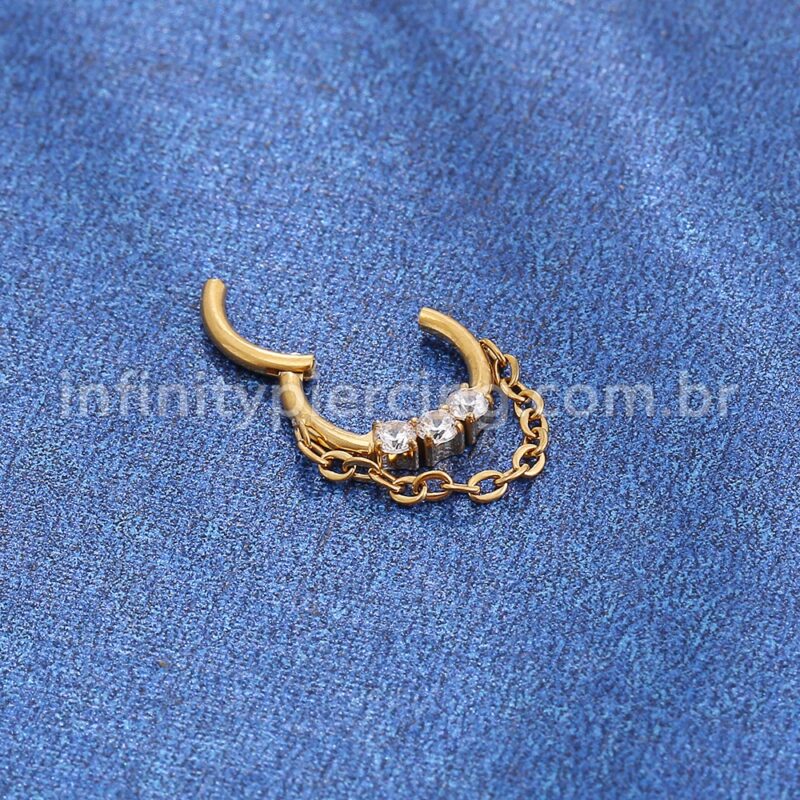 Piercing Argola Titânio Segmento Articulado 3 Pedras Zircônia Com Correntinha