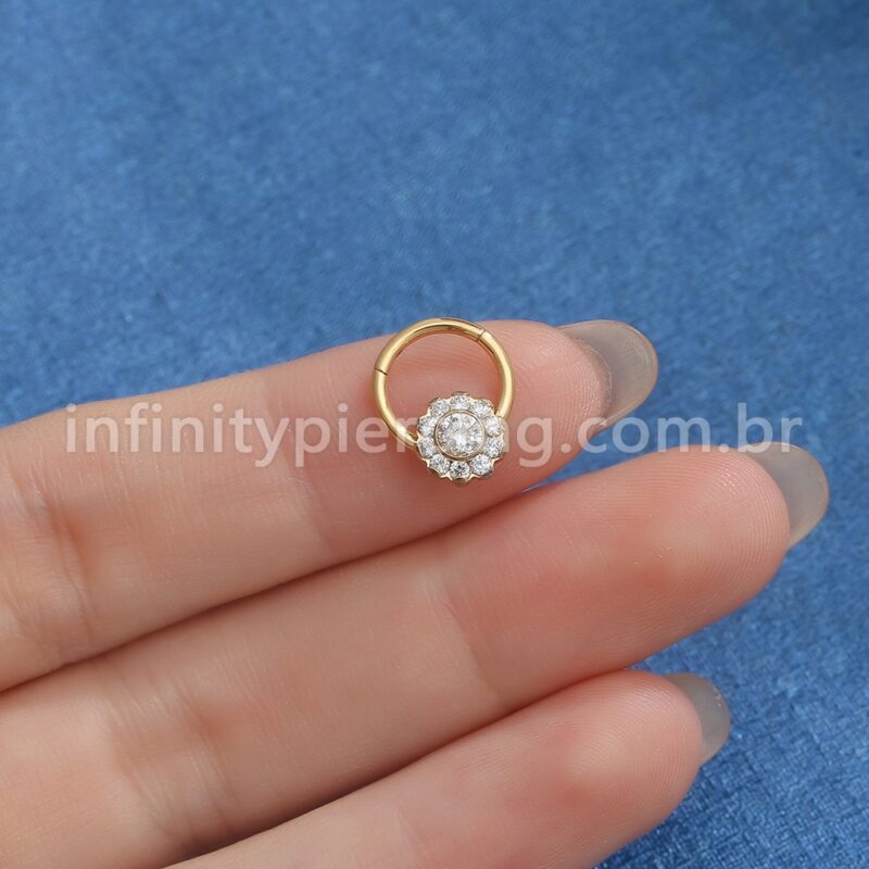 Piercing Argola Aço Cirúrgico Segmento Articulado Flor Zircônia