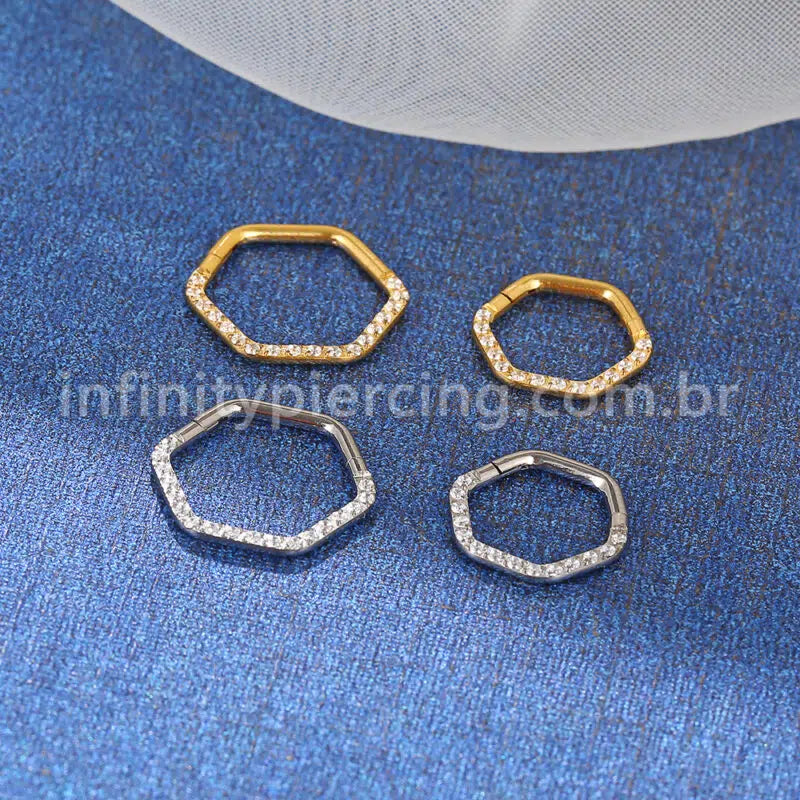 Piercing Argola Titânio Hexagonal Zircônia Cravejada