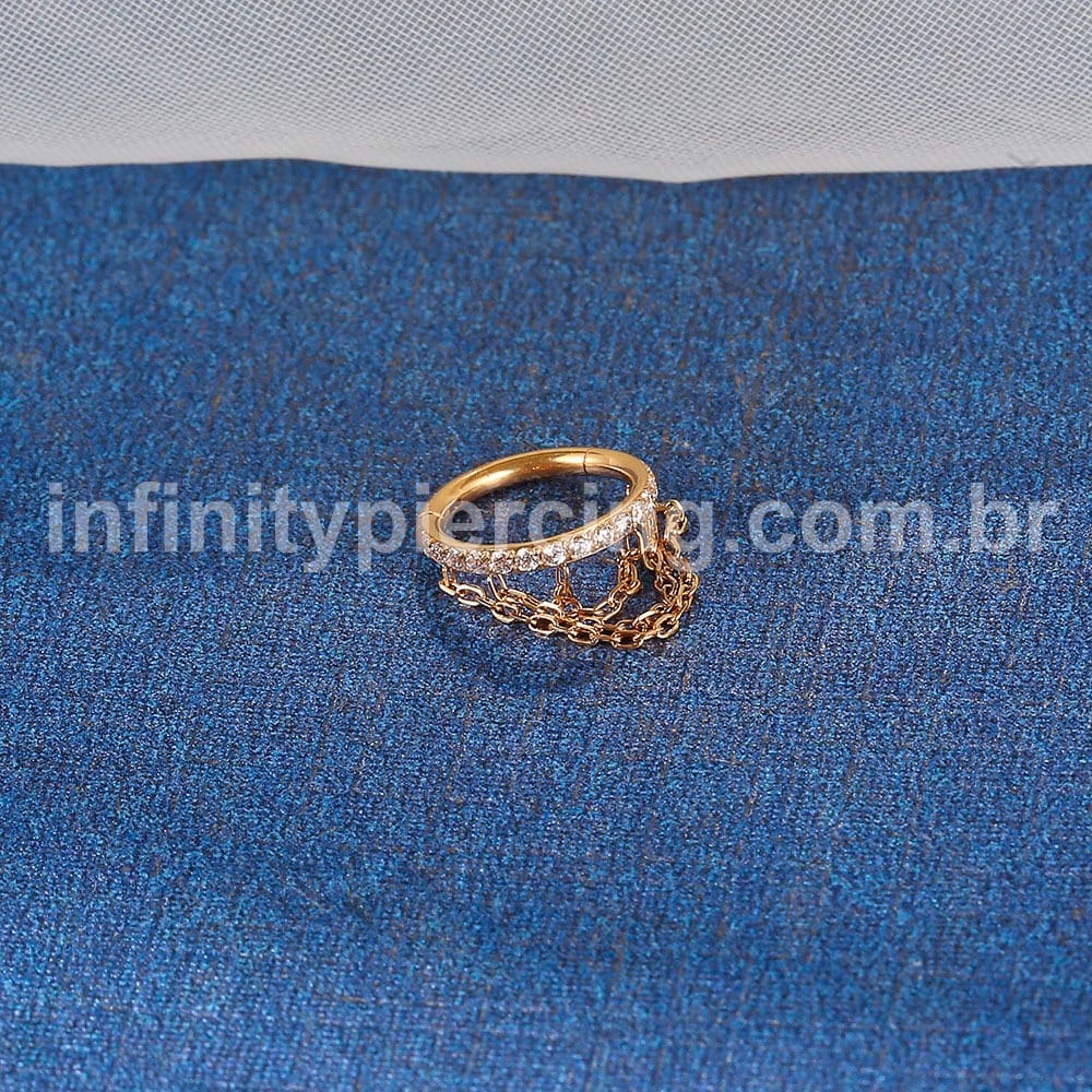 Piercing Argola Segmento Articulado Ouro 14K Com Correntes