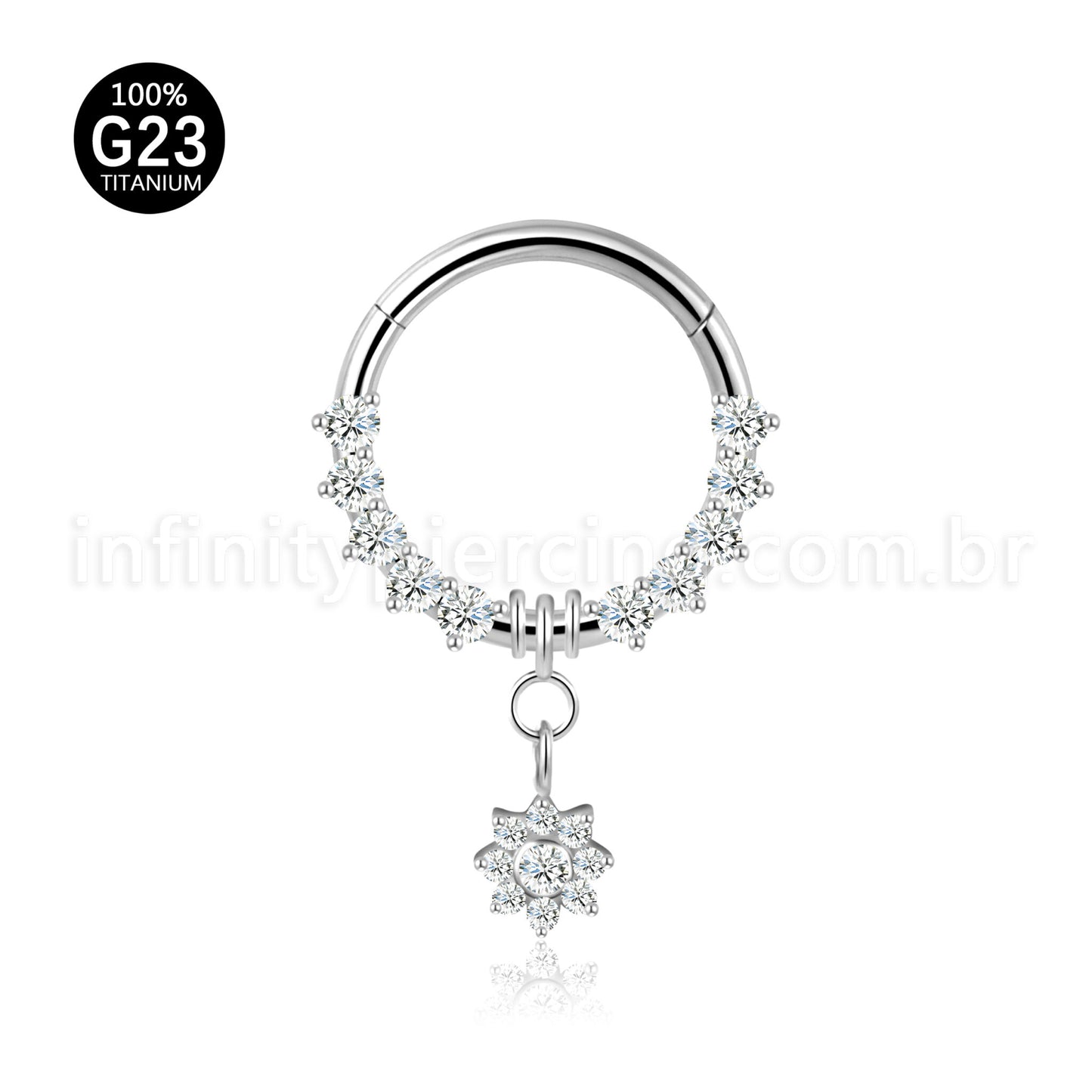 Piercing Argola Titânio Segmento Articulado Zircônia Frontal Com Pingente Flor