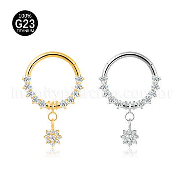 Piercing Argola Titânio Segmento Articulado Zircônia Frontal Com Pingente Flor