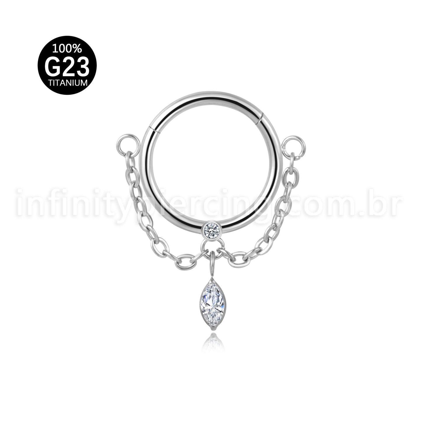 Piercing Argola Titânio Com Corrente Pingente Zircônia Cravejada
