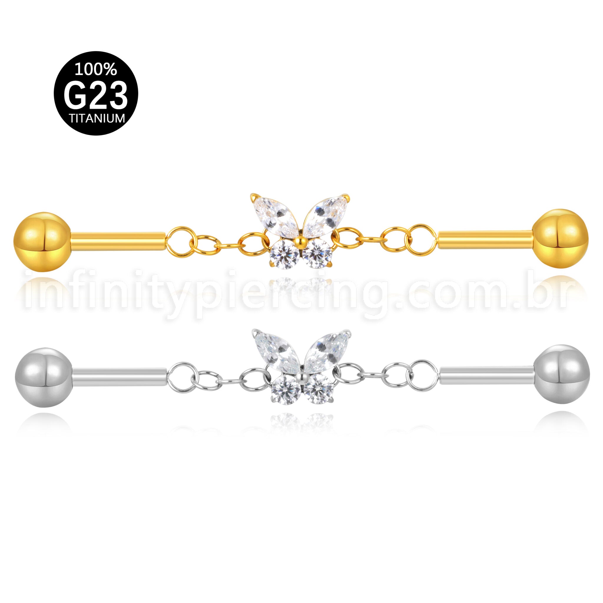 Piercing Transversal Titânio Borboleta Zircônia Cravejada