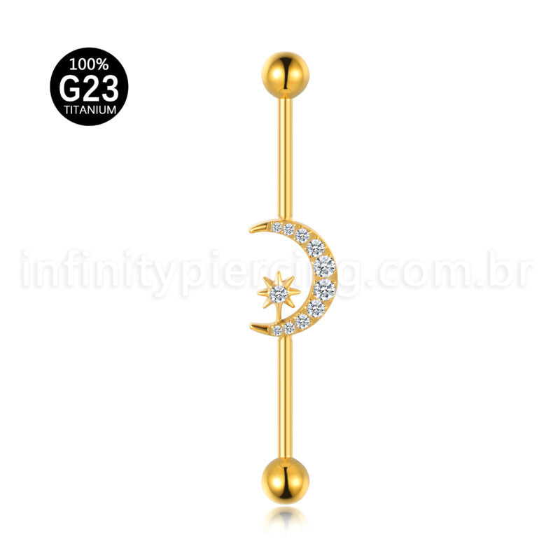 Piercing Transversal Titânio Lua/Estrela Zircônia Cravejada