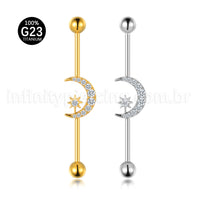 Piercing Transversal Titânio Lua/Estrela Zircônia Cravejada