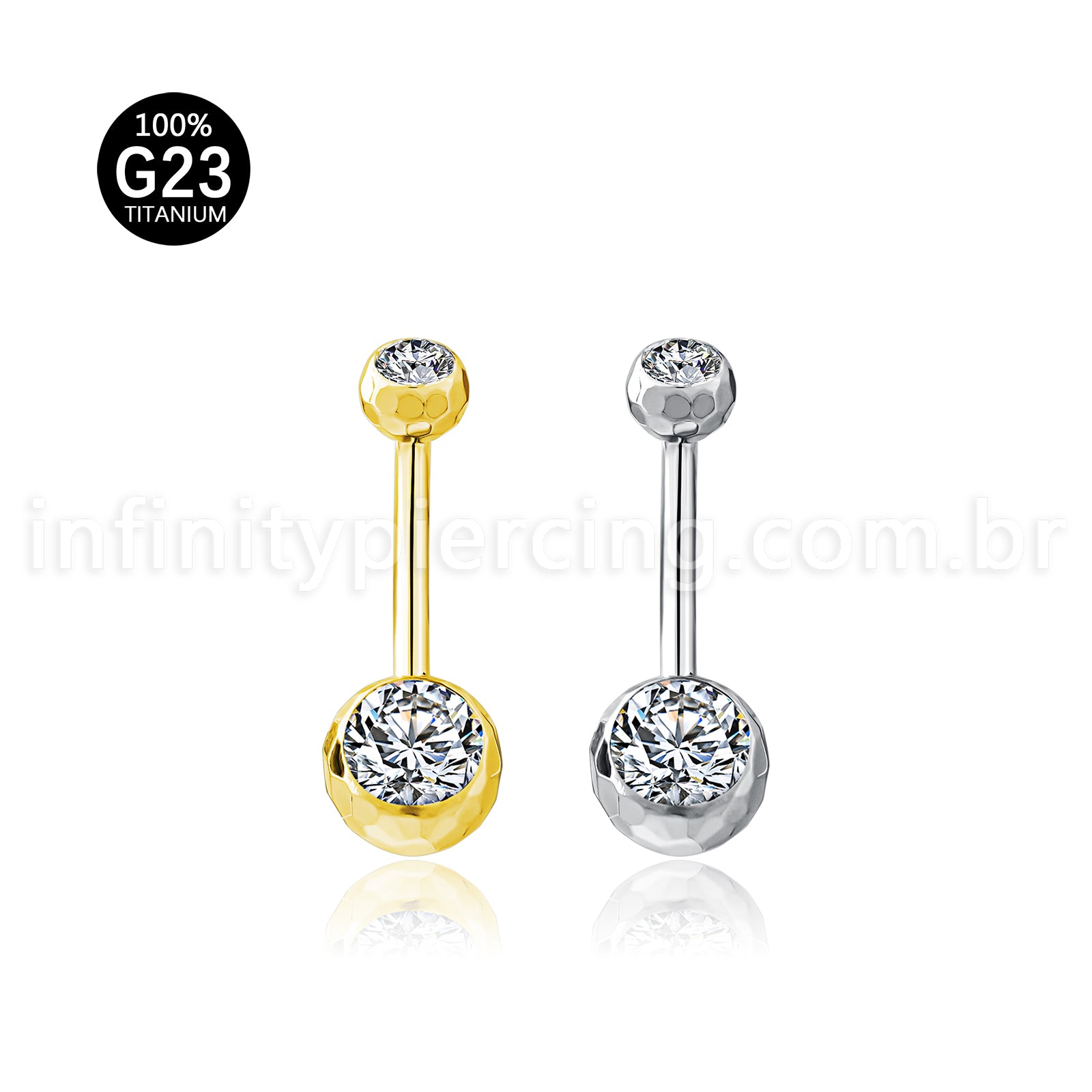 Piercing Banana Titânio Rosca Externa Lapidado 2 Pedras Zircônia
