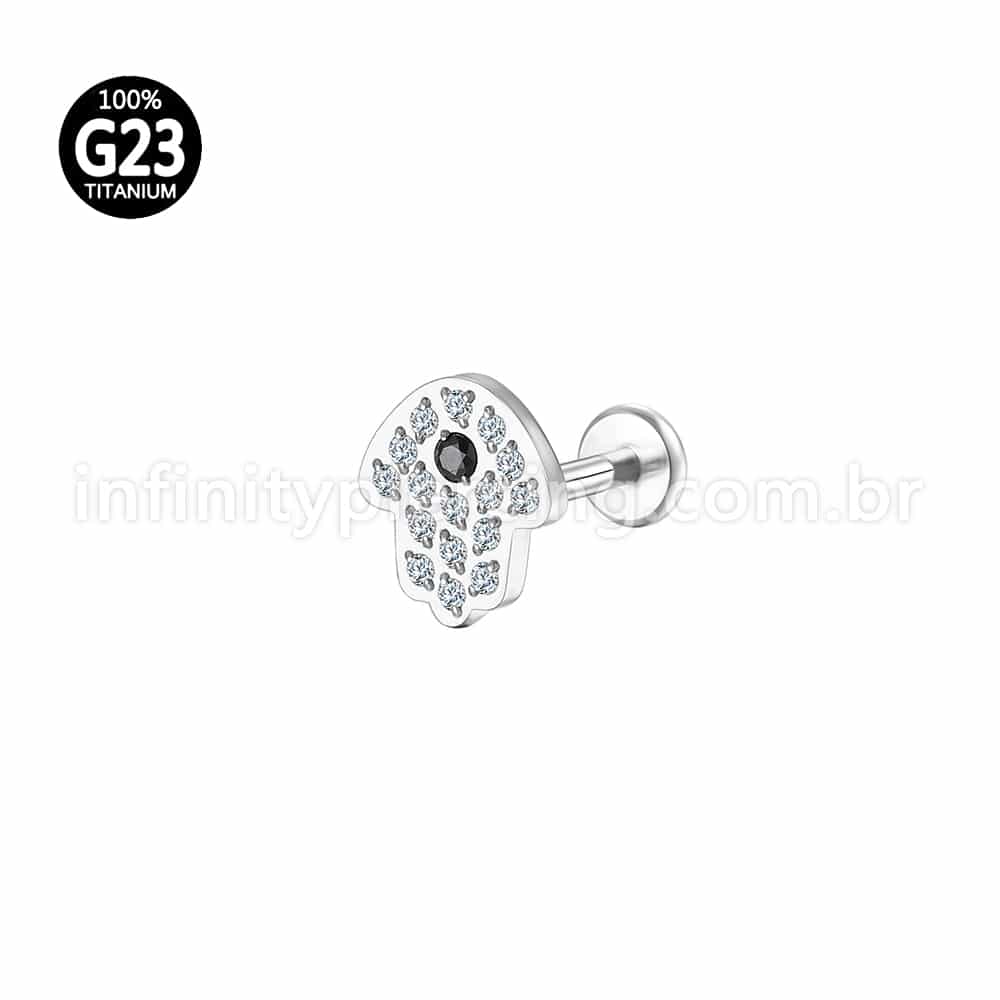 Piercing Labret Titânio Mão de Fátima Zircônia