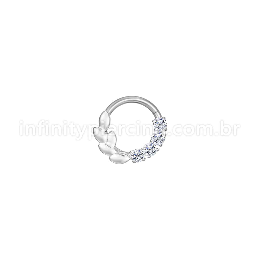 Piercing Argola Aço Cirúrgico Folhas/Zircônia Cravejada