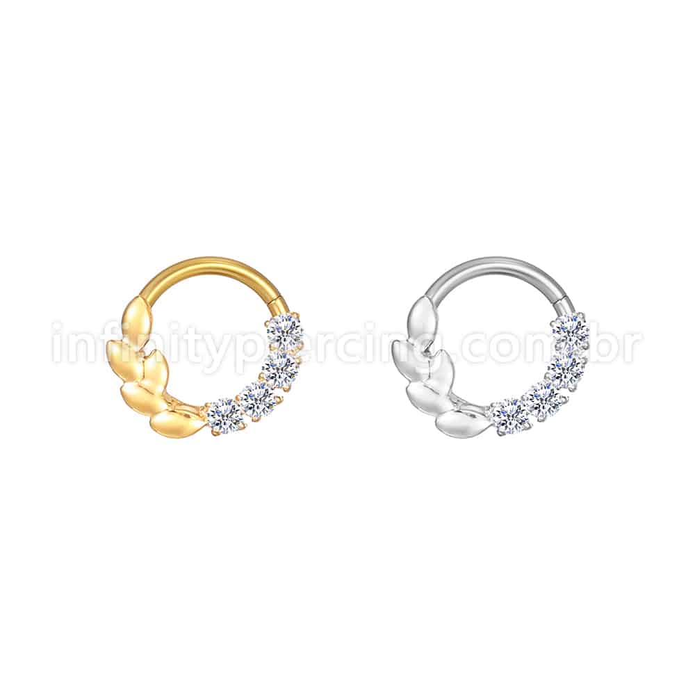 Piercing Argola Aço Cirúrgico Folhas/Zircônia Cravejada