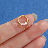 Piercing Argola Titânio Segmento Articulado 3 Pedras Zircônia Com Correntinha