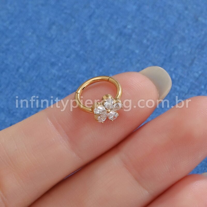 Piercing Argola Titânio Segmento Articulado Flor 5 Pedras