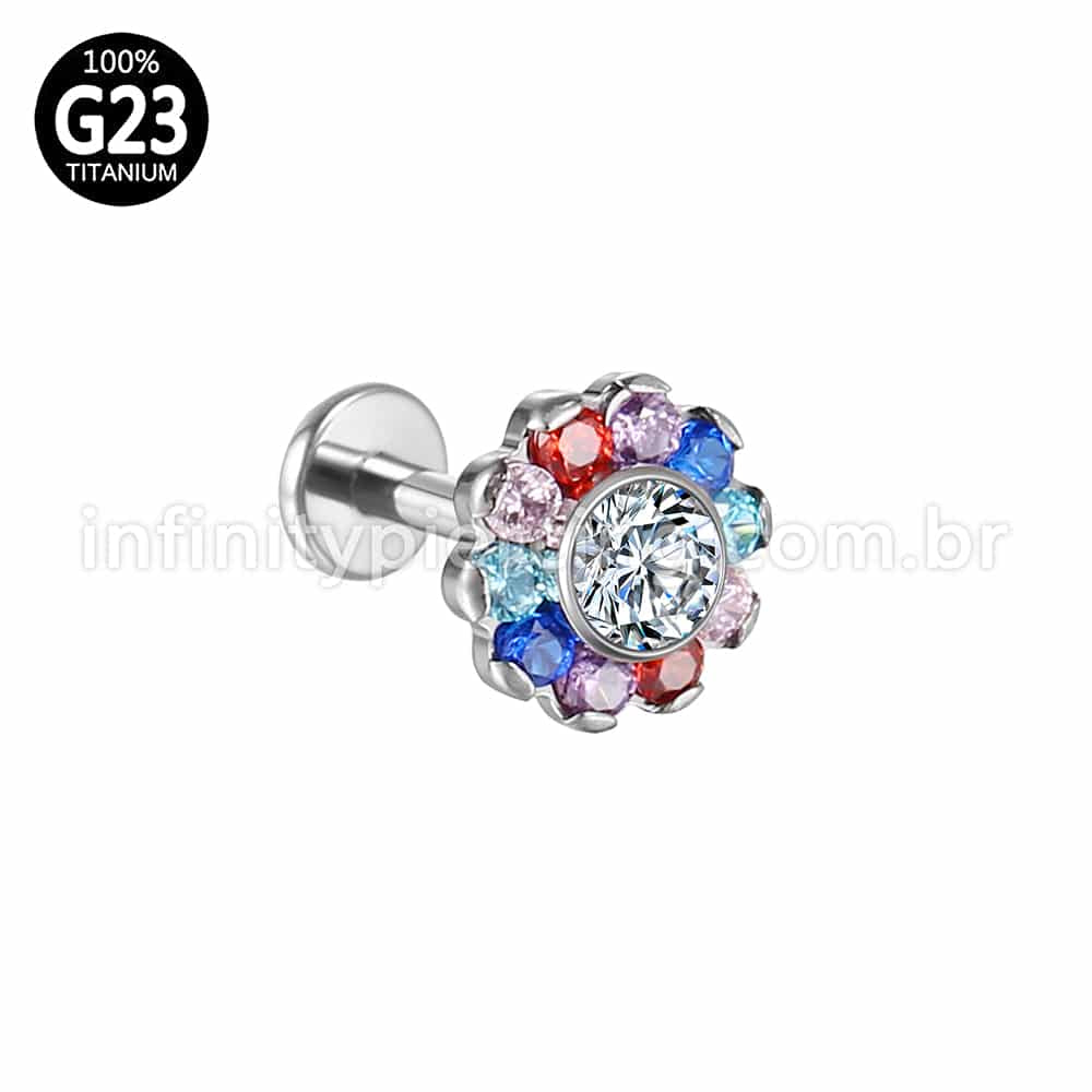 Piercing Labret Titânio Flor Zircônia Cravejada