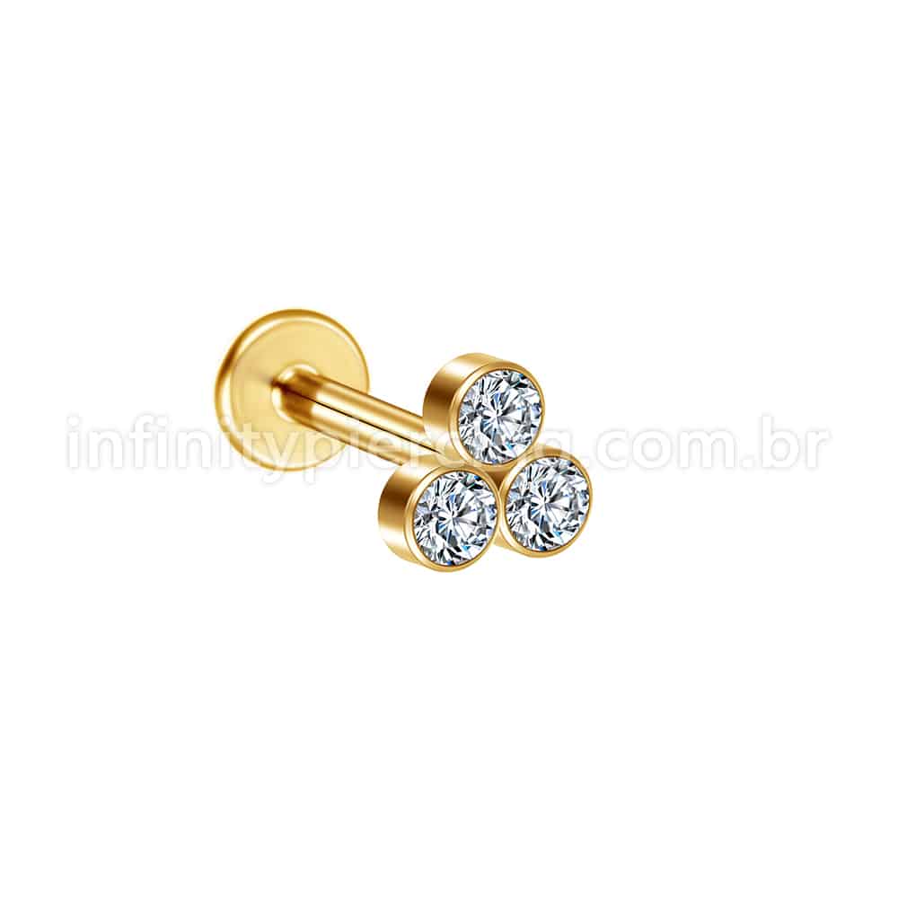 Piercing Labret Aço Cirúrgico 3 Pedras Zircônia